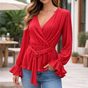 Shein Barbiecore Valentines Long Sleeve Pleated Belted Top
